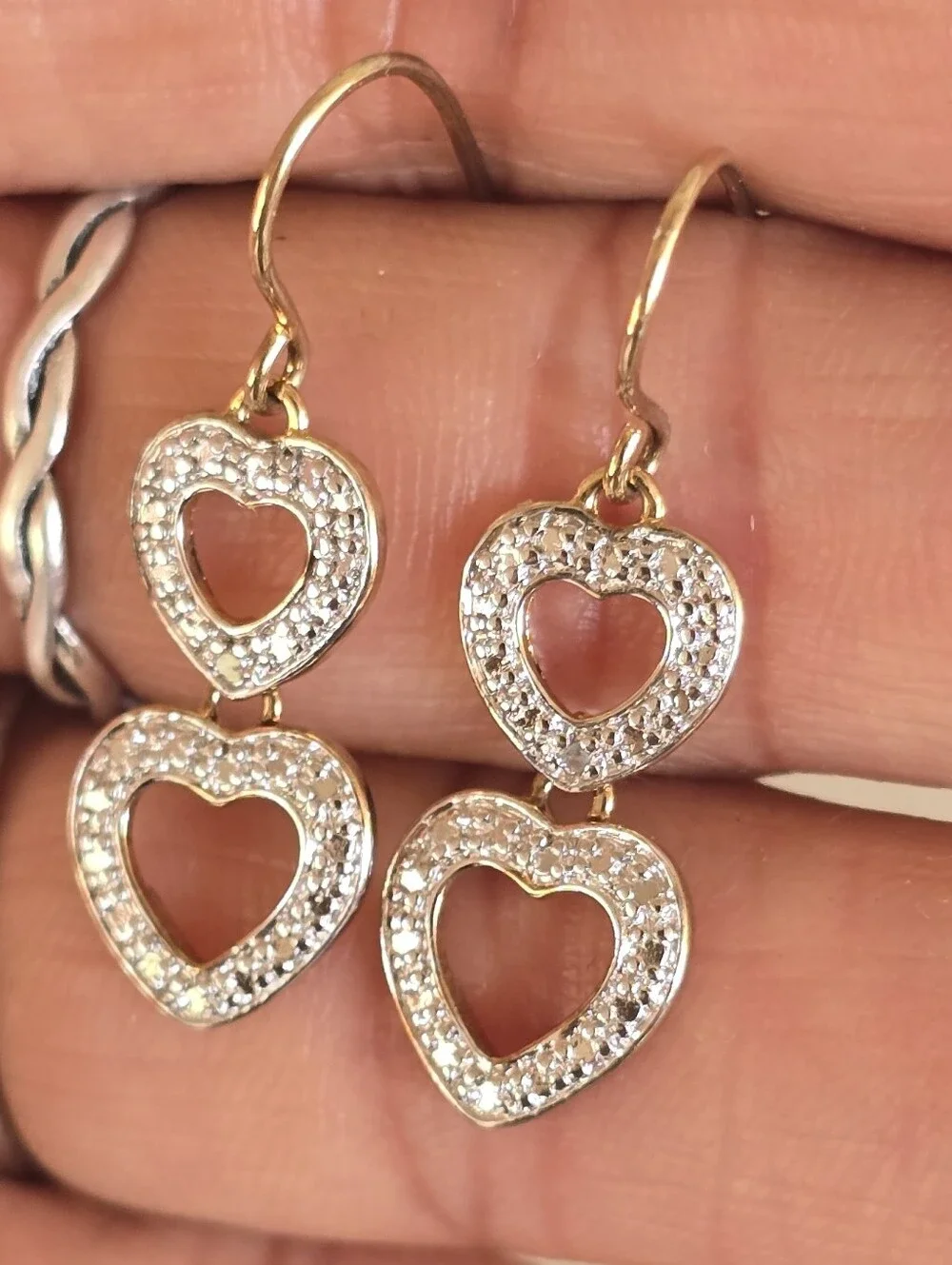 Fancy genuine diamond 925 sterling silver gold vermeil double heart dangle earri